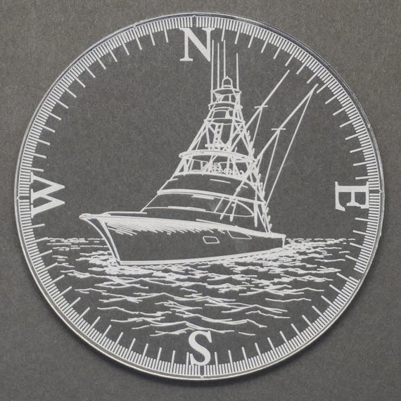 Sportfishing Boat Coaster | Compass Rose Engraved Acrylic | Deep Sea Fishing Gift